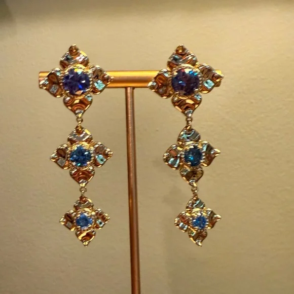 Vintage Y2K Kendra Scott Lily 14K Gold Plated 2” Dangle Earrings in Ombré Blue
